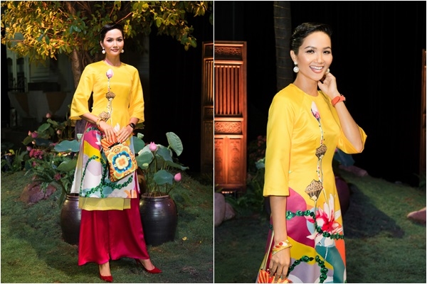 Hoa hậu H'Hen Niê đánh keo tóc tém, diện áo dài vàng nổi bật tại sự kiện