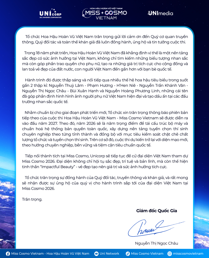 HOA HẬU HOÀN VŨ VIỆT NAM - MISS COSMO VIETNAM DỰ KIẾN KHỞI ĐỘNG MÙA GIẢI MỚI VÀO NĂM 2027